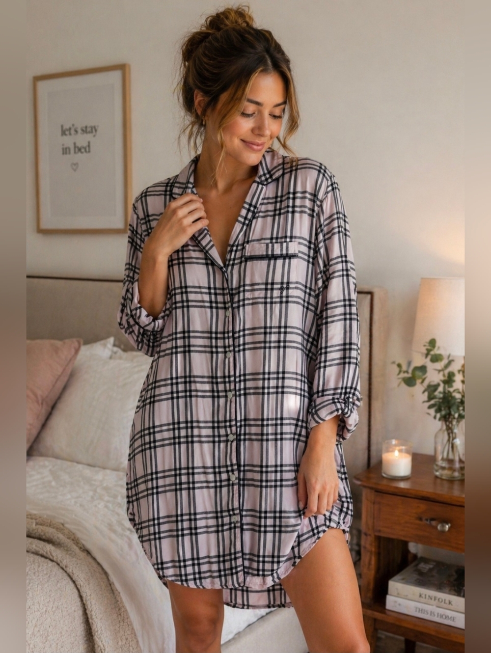 Victoria's Secret Black and White Plaid Button-Up Sleep Top